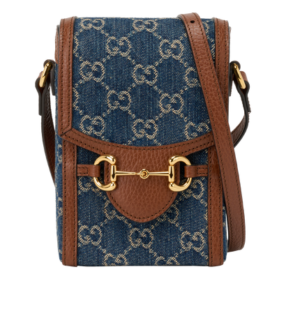 Horsebit 1955 Mini Bag, &pound;510, Handbags, Navy/Tan, Denim, Front view